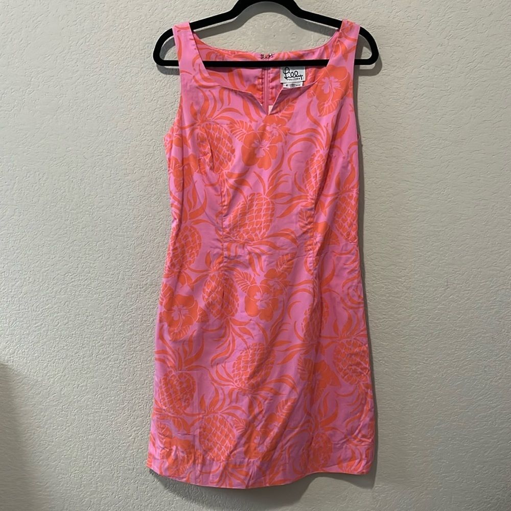 LILLY PULITZER Pink and Orange Floral Dress, Side Slits, Split Neckline, Size 6